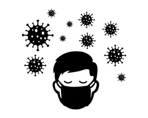Man, boy, mask,  coronavirus, virus, icon, vector, quarantine, instruction, black and white