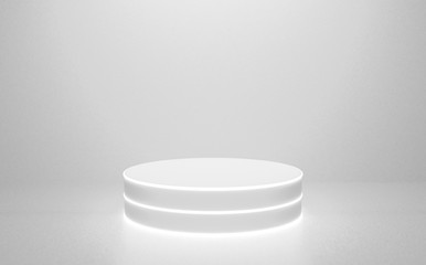 3d white podium abstract background with neon shining light for banner, display on website. Round pedestal isolated on white background with glow light. luxury minimal interior. White cylinder.