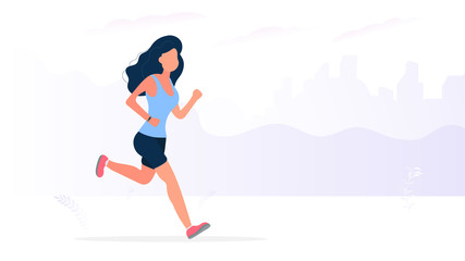 Fototapeta na wymiar Sports banner with place for text. The girl is running. A girl in shorts and a t-shirt jogs. Isolated. Vector.