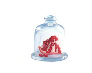 Still-life painting. Bottle Pomegranate. Watercolor Illustration. Botanical realistic. Can be used as  postcards, patterns.  Isolated.