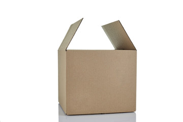Opened cardboard box isolated on white background