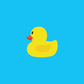 Yellow duck on blue background. Flat icon. Vector illustration.