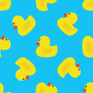 Swimming yellow Little Duck seamless pattern with bright blue background