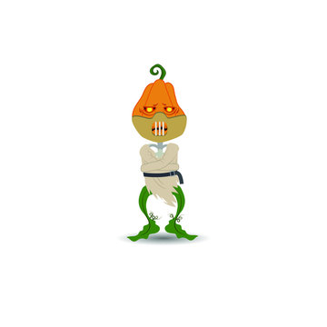 Halloween vector illustration. Scarecrow pumpkin on a white background in a dressing suit and a mask on his face.