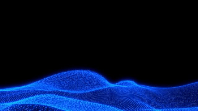 Fly over glowing futuristic technology blue terrain over black background - 3D introduction computer graphic technology background concept