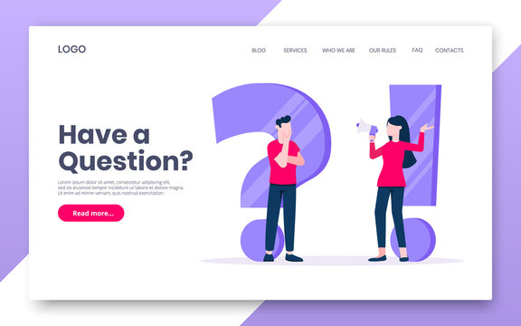 FAQ or Q and A internet landing page concept web template. Teamwork characters working together with faq big question mark, frequently asked questions concept flat style design vector illustration.