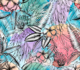 
Tropical black and white print with watercolor color spots. Tropical background with flowers and leaves.