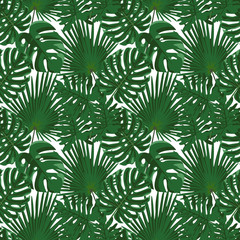 Fototapeta premium Tropical leaf design with a green palm and monstera plant leaves on a transparent background. Seamless vector repeating pattern. Design for printing fabric, clothes, bedding, wrapping paper