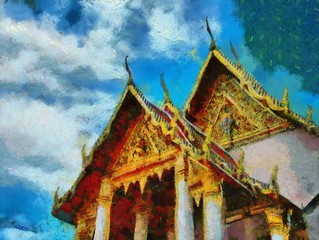 Ancient thai architecture Illustrations creates an impressionist style of painting.