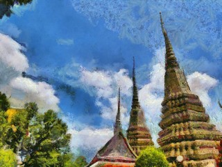 Fototapeta na wymiar Ancient thai architecture Illustrations creates an impressionist style of painting.