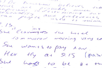 Text. Errors in the text. Bad handwriting. The text is in English.