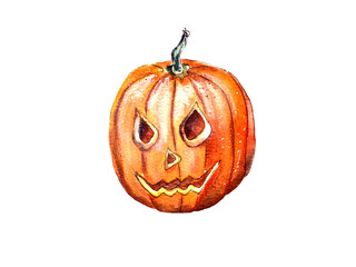 hand-drawn watercolor illustration. yellow pumpkin, celebration of All Saints' Day-Halloween. scarecrow, isolated