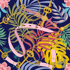 Seamless pattern with floral element and jewels.