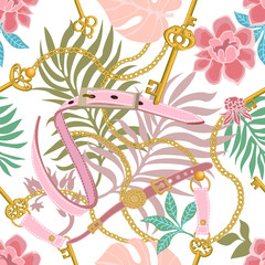 Seamless pattern with floral element and jewels.