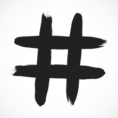 Hashtag hand drawn brush stroke dirty art symbol icon sign isolated on white background. Black and white composition of the symbol hashtag.
