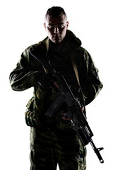 Male Russian soldier isolated with clipping path on white background.