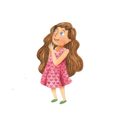 Watercolor hand drawn illustration of cute princess. Little girl character. Hand drawn cartoon style. Funny person. Fairy tale medieval character. Happy little girl looks with an ecstatic look.