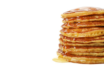 Tasty pancakes with honey isolated on white background