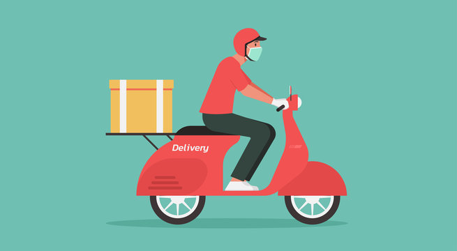 Delivery man ride motorcycle, or bike service during the prevention of Covid-19. Courier wear face mask and glove. Quarantine, stay home and new normal concept, vector flat illustration