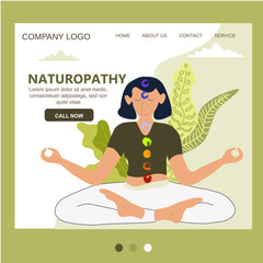Ayurveda and yoga website template, herbal alternative medicine design concept, naturopathic therapy online web page vector illustration.
