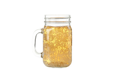 Glass jar with cider isolated on white background