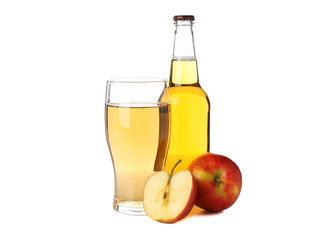 Apples, glass and bottle with cider isolated on white background