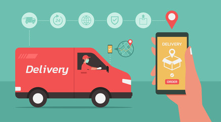 Online delivery van service concept, man delivering box, finding map on phone. Hand holding smartphone with mobile app for goods tracking and order. Smart technology logistic, vector flat illustration © ST.art