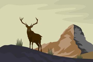 Deer in the mountains in front of a mountain on a hill with big antlers vector illustration retro poster
