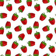 Red cuty fresh strawberry fruits on white background.Vector seamless pattern.Bright hand drawn