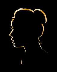 Portrait of a woman in profile. Golden outline on a black background. Element for your design and decor