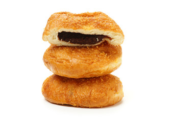 Red bun beans and chocolate chip stick on white background