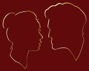 The contours of the faces of men and woman. Faces of lovers isolated on a burgundy background. Elements for your design and decor. Outline. Valentine's Day