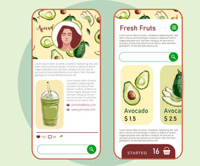 eco market avocado farm product. Vector drawing vegetables. Organic farm store. Avocado market eco landing page template, ingredients vector illustration. Eco healthy, phone app