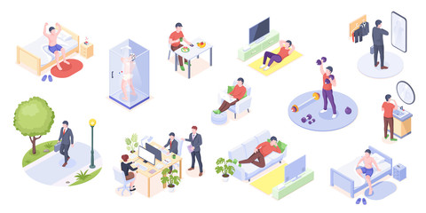 Man daily life, home routine, work and everyday activity, vector isometric icons. Man daily life at home and work office, morning wake up, gym exercises, eating breakfast, reading and relaxing on sofa