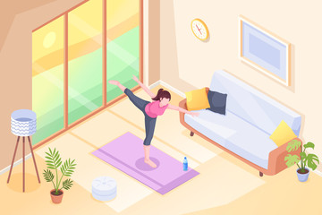 Yoga at home, woman doing exercise pose in room on yoga mat, vector isometric illustration. Yoga sport and stretch workout or morning exercises in room, girl home fitness and health activity