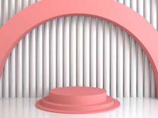 Minimalist pink pedestal for product showcase. Empty stage, pink and white color. Geometric cylinder.