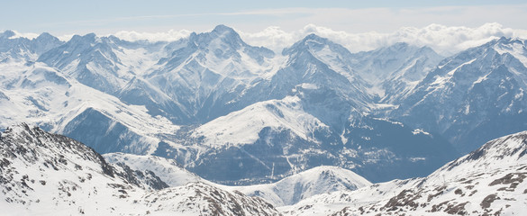 The magic and amazing panoramic view of freeze mountain range Alpes landscape scene from the highest nature peak panorama viewpoint. French Alps