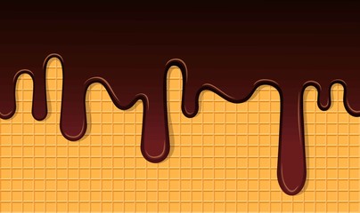 Dark Chocolate Melted on Wafer Background. Vector Illustration. Tasty liquid cream on waffle layout.