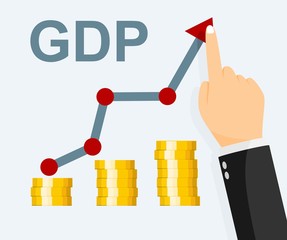 Growth GDP concept. Government budget, public spending. Businessman raises up arrow graphics. Increment in annual financial budget.