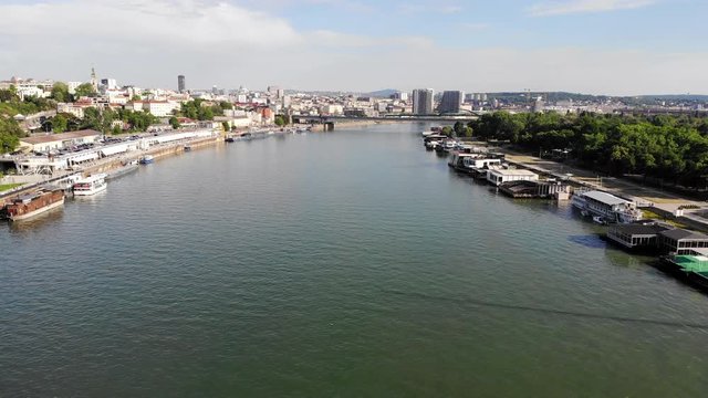Drone video of river Sava in central Belgrade, Serbia