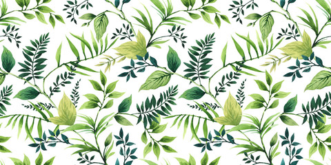 Decorative plants, herbs and leaves. Abstract watercolor. Hand drawn seamless pattern. Design for textiles, souvenirs, fabrics, packaging and greeting cards and more.
