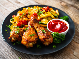 Barbecue chicken drumsticks with vegetables on wooden table
