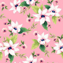 Seamless pattern with flowers. Watercolor illustration on a pink background. Design for textiles, souvenirs, fabrics, packaging and greeting cards and more.