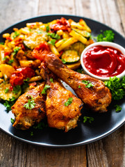 Barbecue chicken drumsticks with vegetables on wooden table
