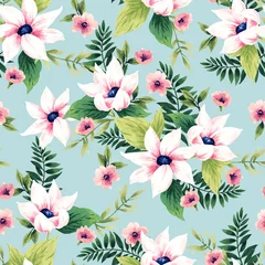 Gordijnen Seamless pattern with flowers. Watercolor illustration on a blue background. Design for textiles, souvenirs, fabrics, packaging and greeting cards and more. © Anna
