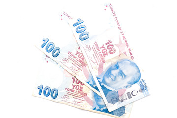Fake Turkey Lira on isolated copyspace white background. Lira have been worst impact by Covid-19...
