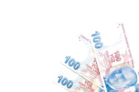 Fake Turkey Lira on isolated copyspace white background. Lira have been worst impact by Covid-19 pandemic.