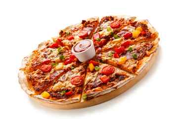 Pizza pepperoni with tomatoes, mushrooms and pepper