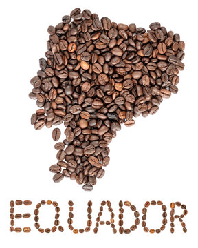 Map of Equador made of roasted coffee beans isolated on white background. World of coffee conceptual image.