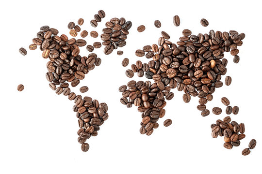 Map of the world made of roasted coffee beans isolated on white background. World of coffee conceptual image.